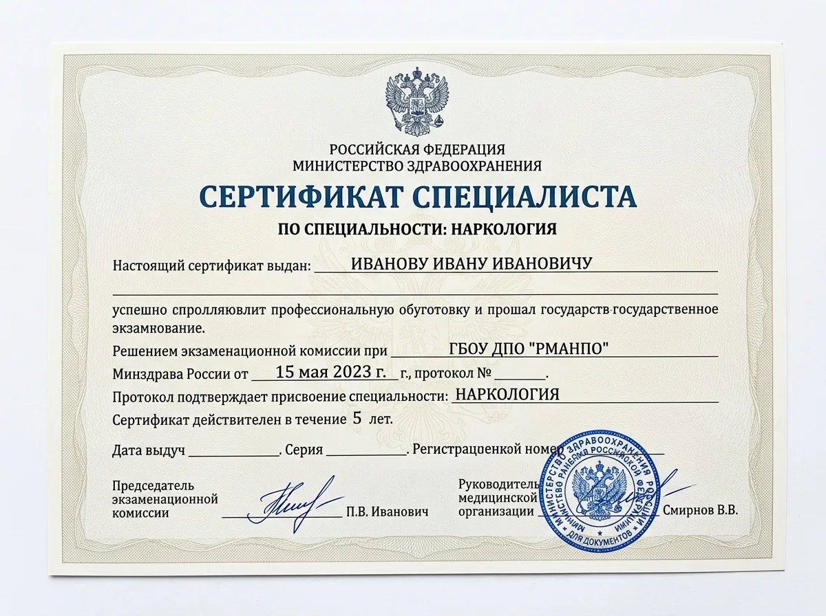 Сертификат специалиста нарколога, официальный документ государственного образца, подписанный руководителем медицинского учреждения, на белом фоне